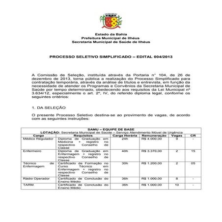 PROCESSO SELETIVO SIMPLIFICADO – EDITAL 004/2013