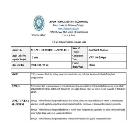 science, technology and society syllabus