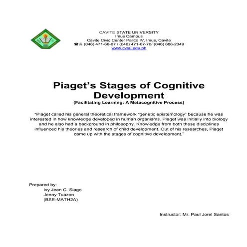 Written Report of Jean Piaget's Theory