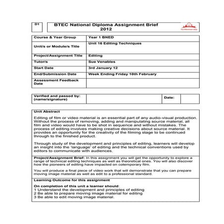 Editing assignment brief unit 16