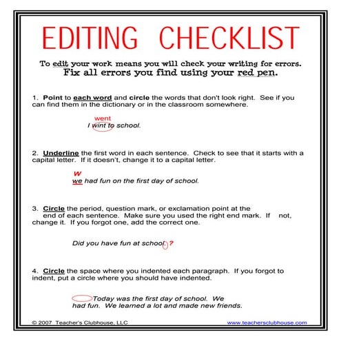 Editing Checklist For Text Evidence