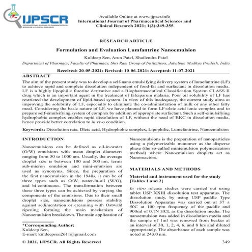 Formulation and Evaluation Lumfantrine Nanoemulsion