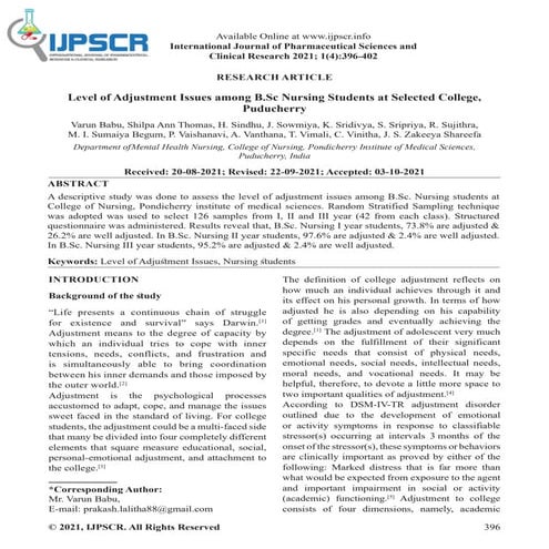 Level of Adjustment Issues among B.Sc Nursing Students at Selected College, P...
