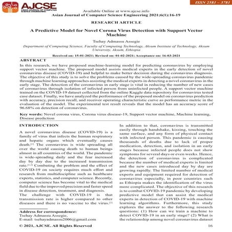 A Predictive Model for Novel Corona Virus Detection with Support Vector Machine