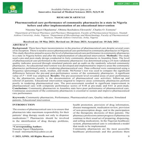 Pharmaceutical care performance of community pharmacies in a state in ...