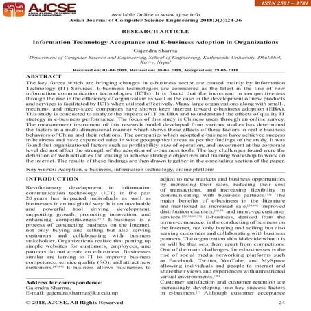 Information Technology Acceptance and E-business Adoption in Organizations