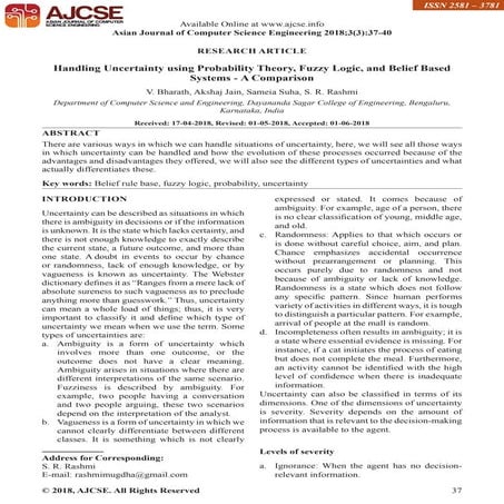 Handling Uncertainty using Probability Theory, Fuzzy Logic, and Belief Based ...