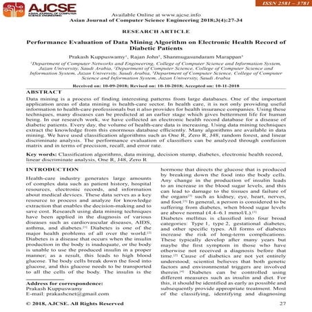 Performance Evaluation of Data Mining Algorithm on Electronic Health ...