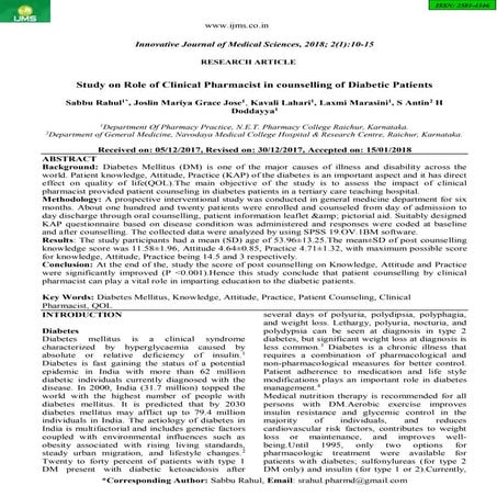 Study on Role of Clinical Pharmacist in counselling of Diabetic ...