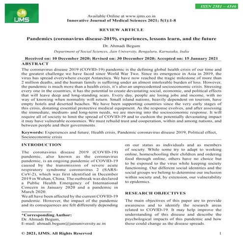 Pandemics (coronavirus disease-2019), experiences, lessons learn, and the future