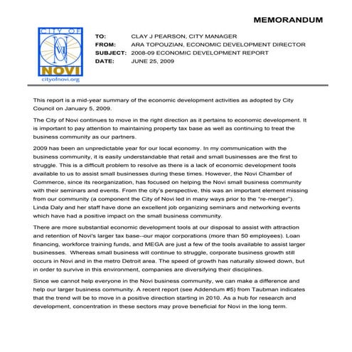 Economic Development Mid-Year Report (June, 2009)