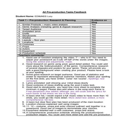Edmunds lucy a2 cw pre production tasks feedback sheet