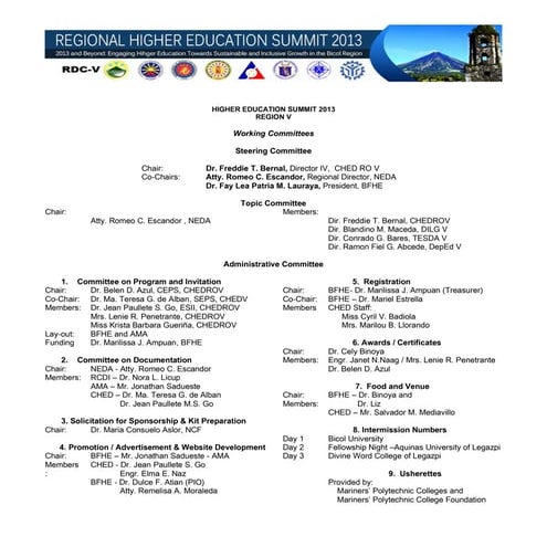 Regional Higher Education  Summit Committees