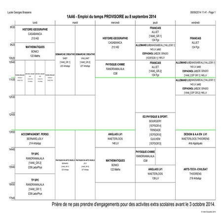 Emplois du temps provisoires de toutes les classes au 8 septembre 2014