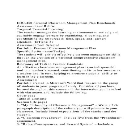 EDU-450 Personal Classroom Management Plan Benchmark Assessment .docx