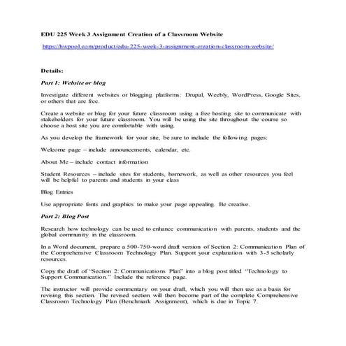 Edu 225 week 3 assignment creation of a classroom website | DOCX