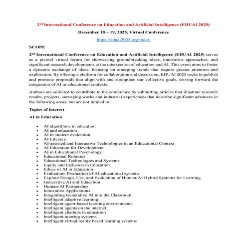 2nd International Conference on Education and Artificial Intelligence (EDUAI 2025)