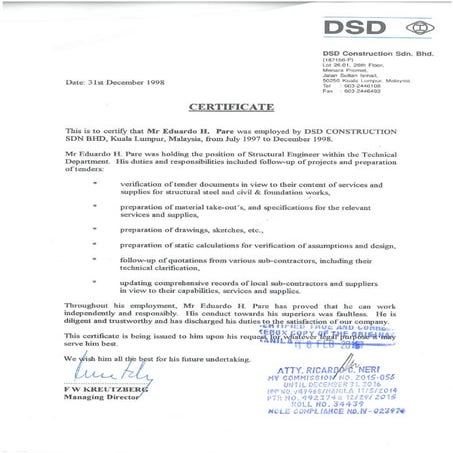 EDUARDO H. PARE (AUTHENTICATED) WORK EXPERIENCE CERTIFICATE – MALAYSIA DSD (1...