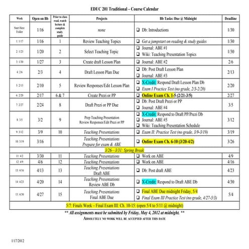 EDUC 201-001 Calendar SP12