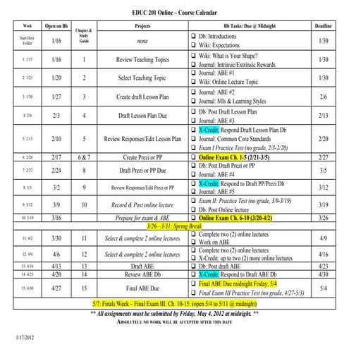 EDUC 201 Online Calendar SP 2012