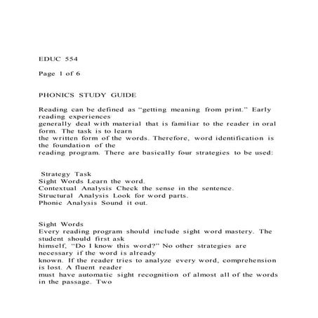 EDUC 554 Page 1 of 6  PHONICS STUDY GUIDE  Readi