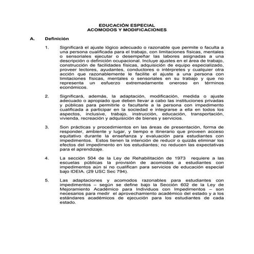 Lista de acomodos razonables educacion especial | PDF