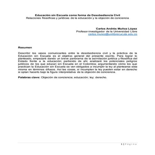 Educacion sin escuela como forma de desobediencia civil - Carlos  Andrés Muño...