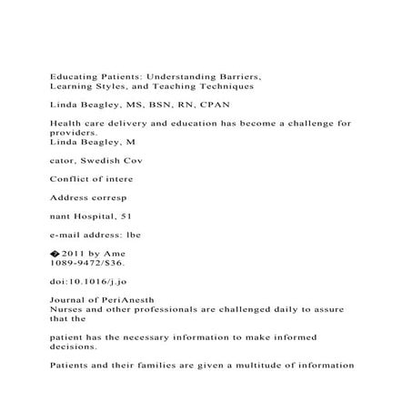 Educating Patients Understanding Barriers,Learning Styles, .docx