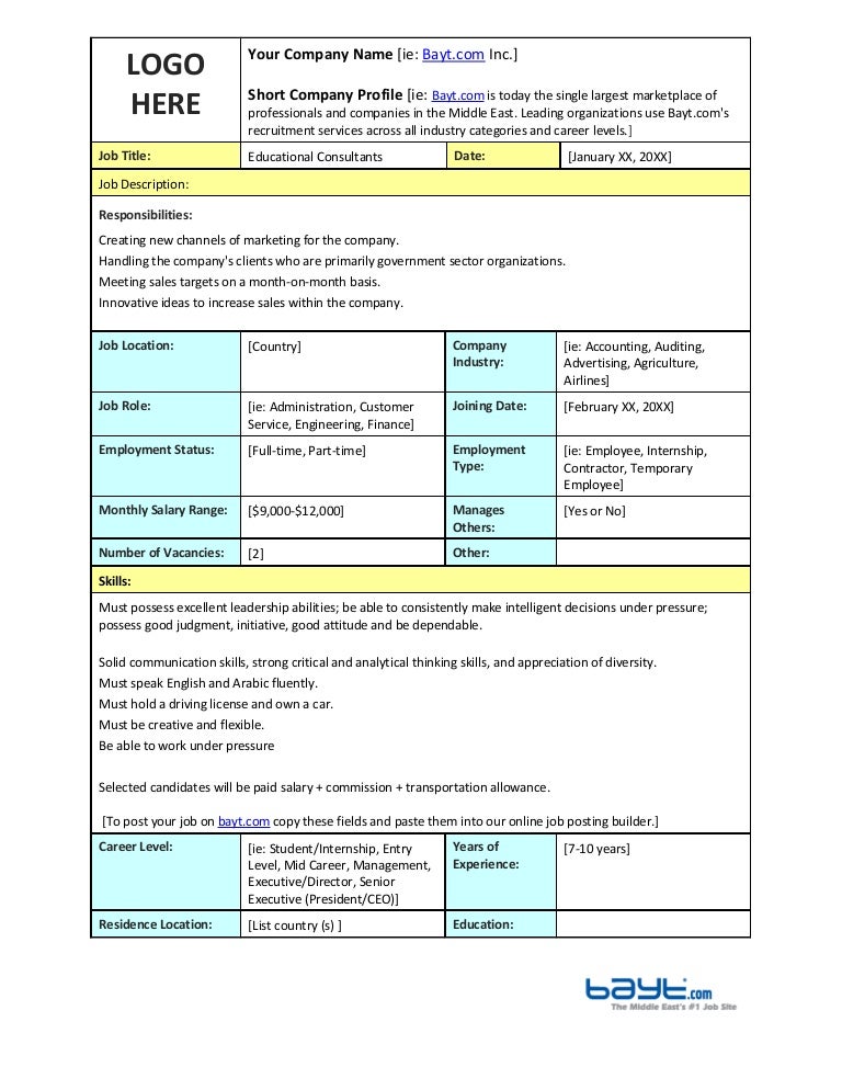 Educational Consultants Job Description Template by