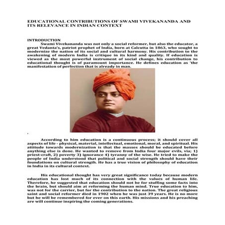 Educational contributions of swami vivekananda and its relevance in indian co...