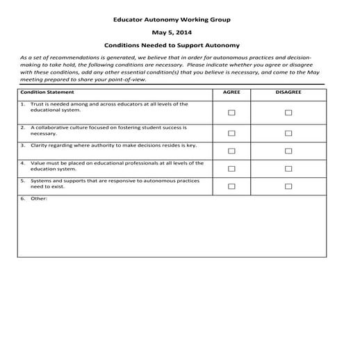 Educator autonomy working group conditions for autonomy