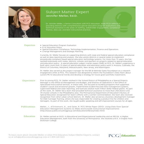 Jennifer Meller , Ed.D., PCG Education Subject Matter Expert