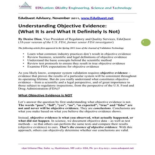 What is Objective Evidence? - EduQuest FDA Compliance Advisory