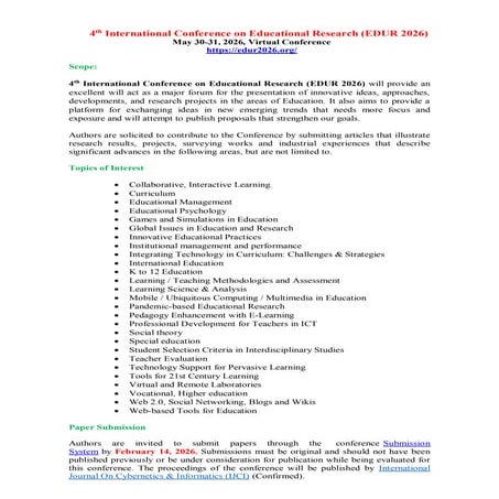 4th International Conference on Educational Research (EDUR 2026) | PDF