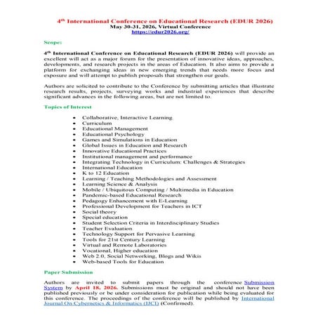 4th International Conference on Educational Research (EDUR 2026) | PDF
