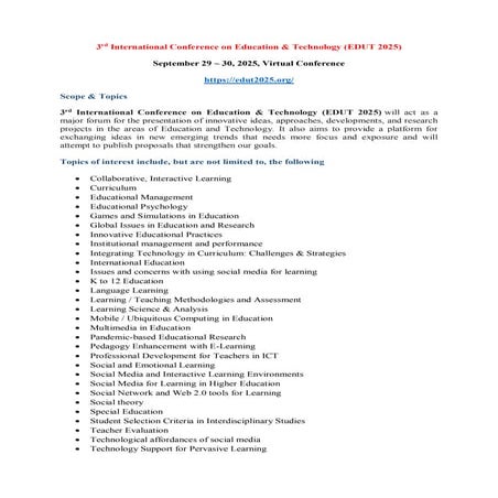 3rd International Conference on Education & Technology (EDUT 2025) | PDF