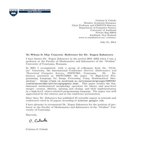 Letter of recommendation PhD Prof. CHRISTIAN CALUDE-Auckland New Zeeland