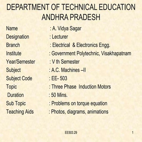 EE-260 Lecture 29, 30 induction motor torque speed characteristics | PPT