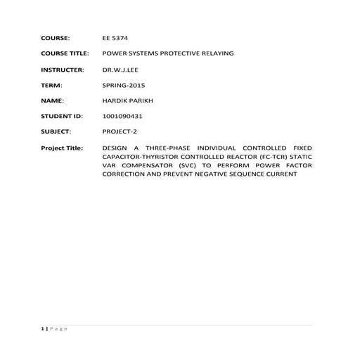 Design of a 3-phase FC-TCR Static Var Compensator for Power factor correction...