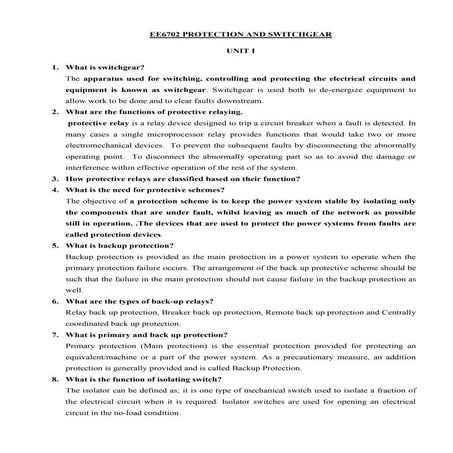 EE6702 Protection and Switchgear