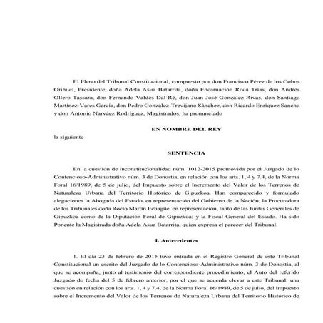 Sentencia del Tribunal Constitucional que anula parcialmente las Plusvalías Municipales. 