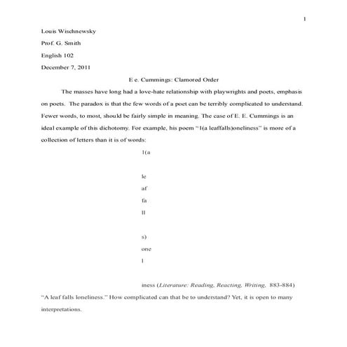 Ee Cummings:  Clamored Order