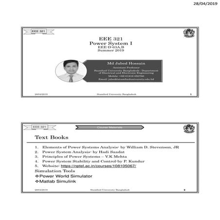 EEE 321( Power System Analysis and Principle of Power System and  Power system stability and control)