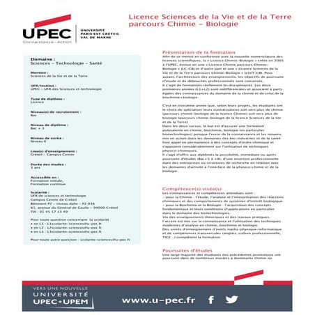 Licence Sciences de la Vie et de la Terre parcours Chimie - Biologie | PDF