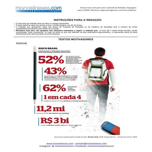 Proposta de redação: A evasão escolar em debate no Brasil contemporâneo