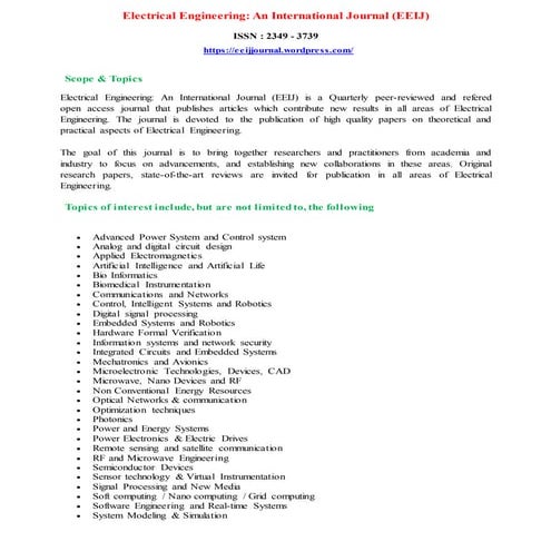 Call for papers - Electrical Engineering: An International Journal (EEIJ)