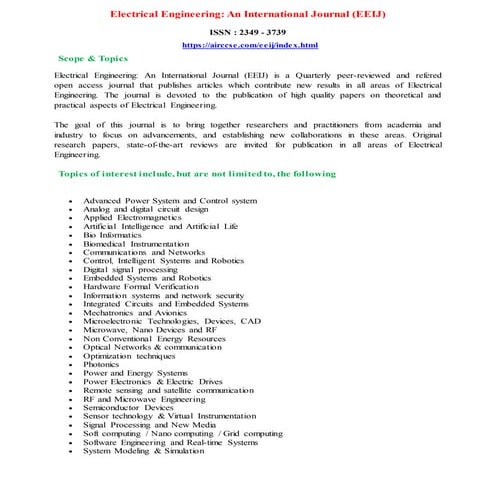 Call for Papers - Electrical Engineering: An International Journal (EEIJ)