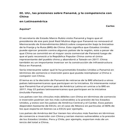 EE. UU., las presiones sobre Panamá, y la competencia con China  en Latinoamérica