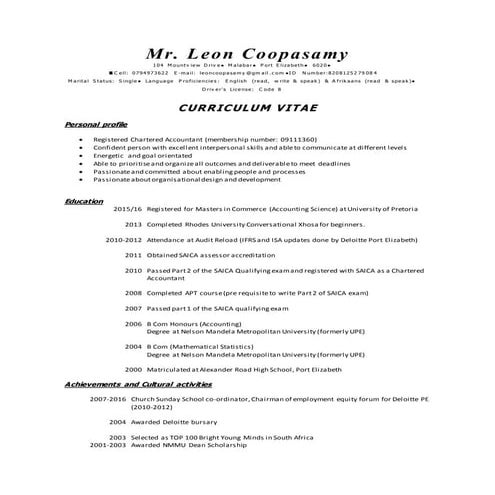 Curriculum vitae Leon Coopasamy