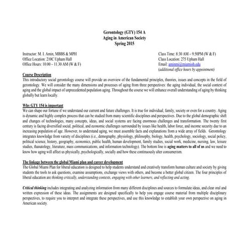 Syllabus [Gerontology (GTY-154 A) - Aging in American Society]